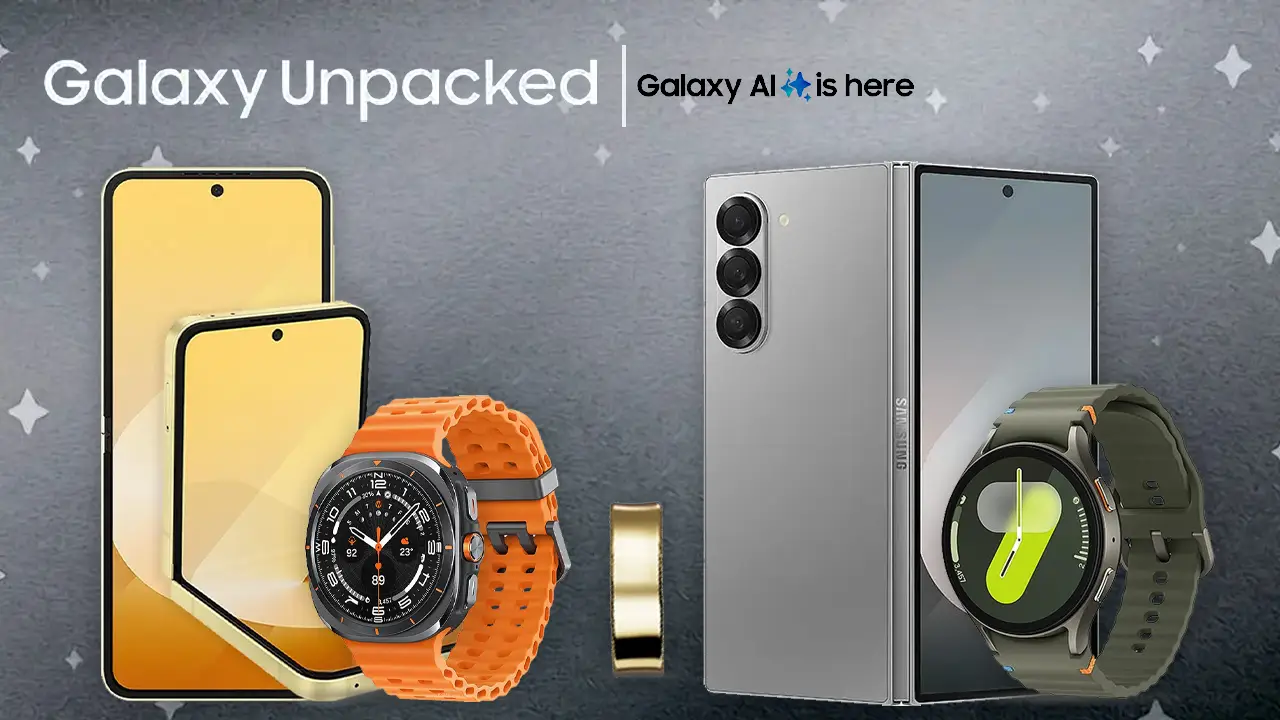 Samsung Galaxy Unpacked invitation featuring Galaxy Watch Ultra, Galaxy Ring, and Galaxy Z Fold 6.