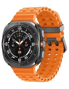 Front view of the Samsung Galaxy Watch Ultra showcasing its Super AMOLED display and sleek titanium frame.