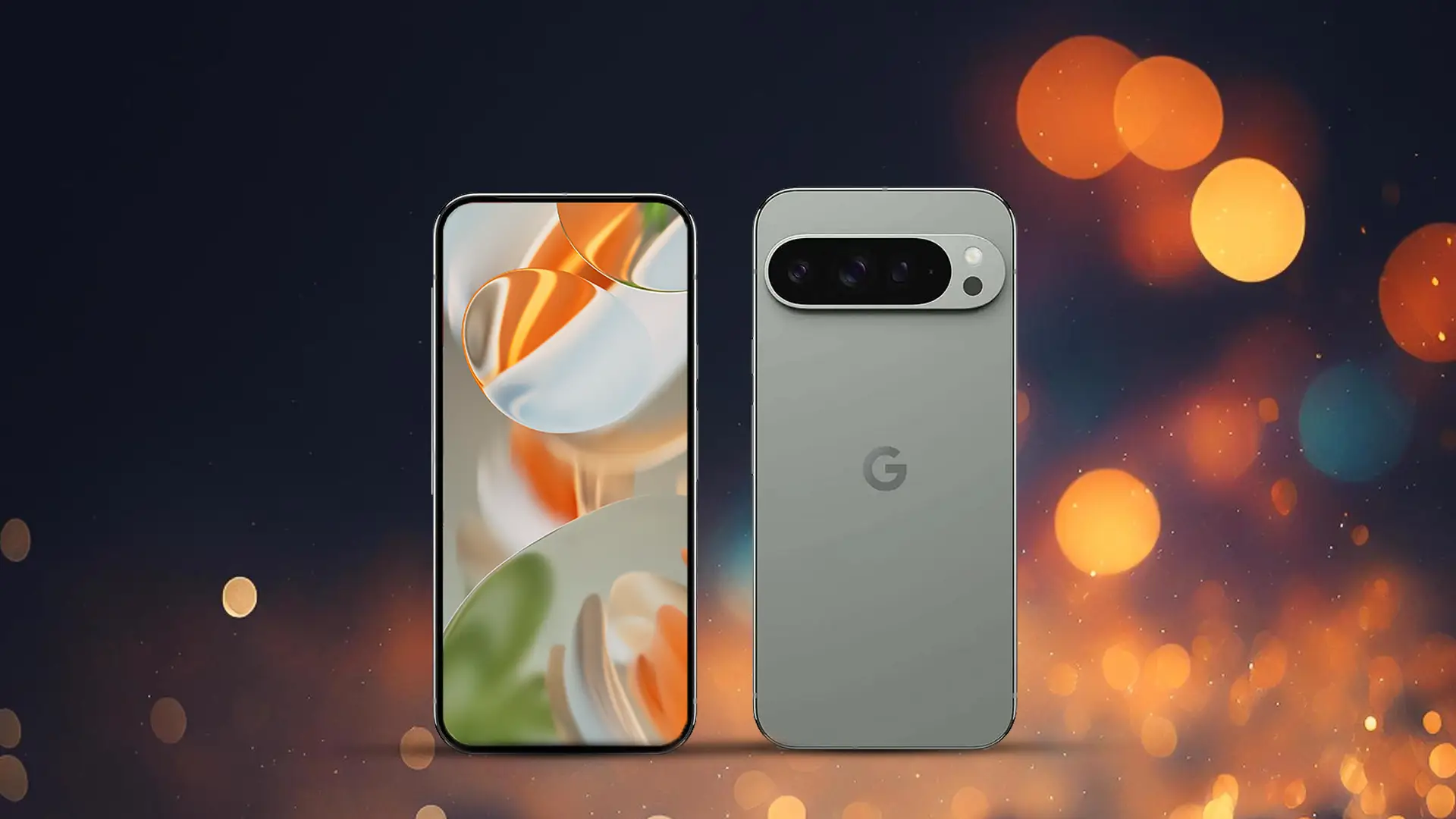 Front and Front View of Google Pixel 9 Pro: Render of the rumored Google Pixel 9 Pro showcasing its sleek design, glass front, and vibrant LTPO OLED display.